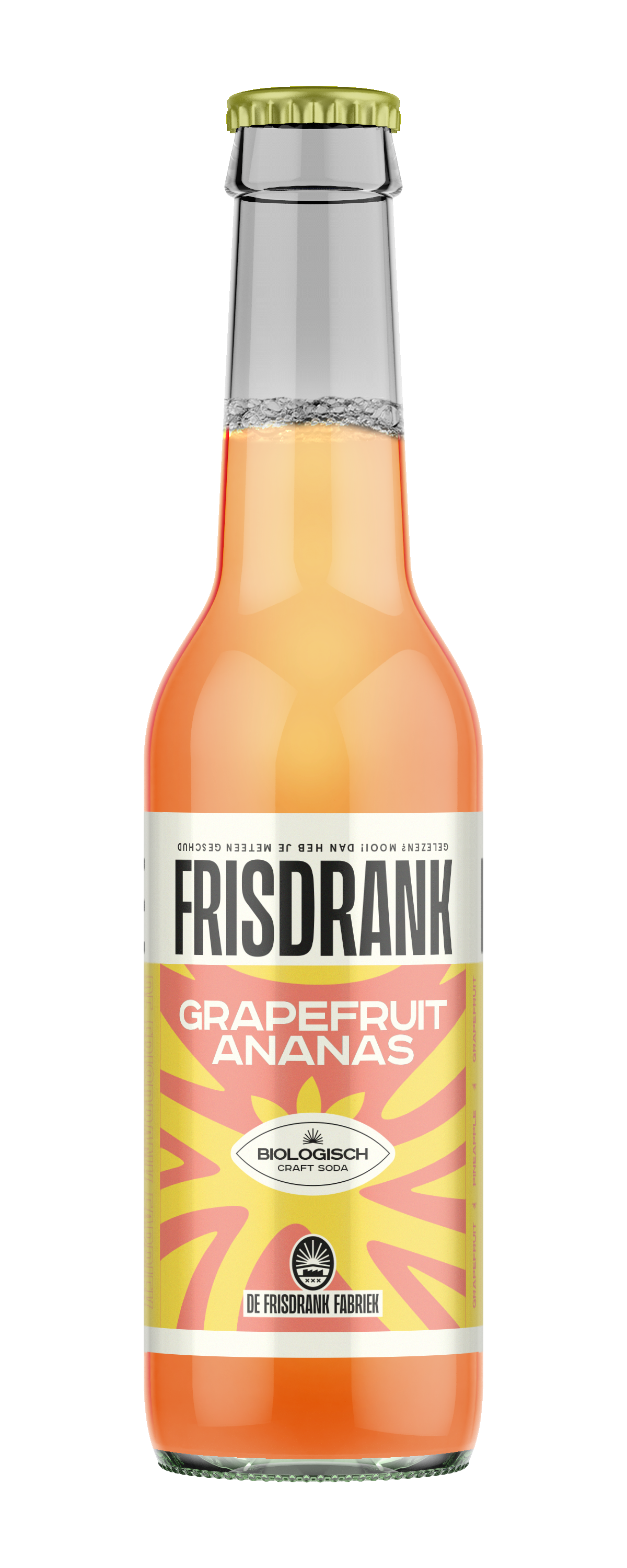 De Frisdrank Fabriek grapefruit ananas biologische koolzuurhoudende frisdrank in 275ml bottle, with colorful label and beverage inside