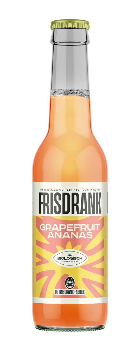 De Frisdrank Fabriek grapefruit ananas biologische koolzuurhoudende frisdrank in 275ml bottle, with colorful label and beverage inside