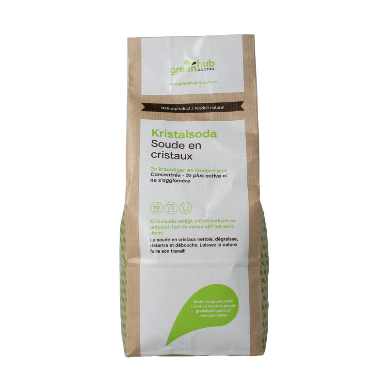 Greenhub Kristalsoda in a 1 kg bag, a cleaning product for household cleaning tasks, with green packaging and label visible.