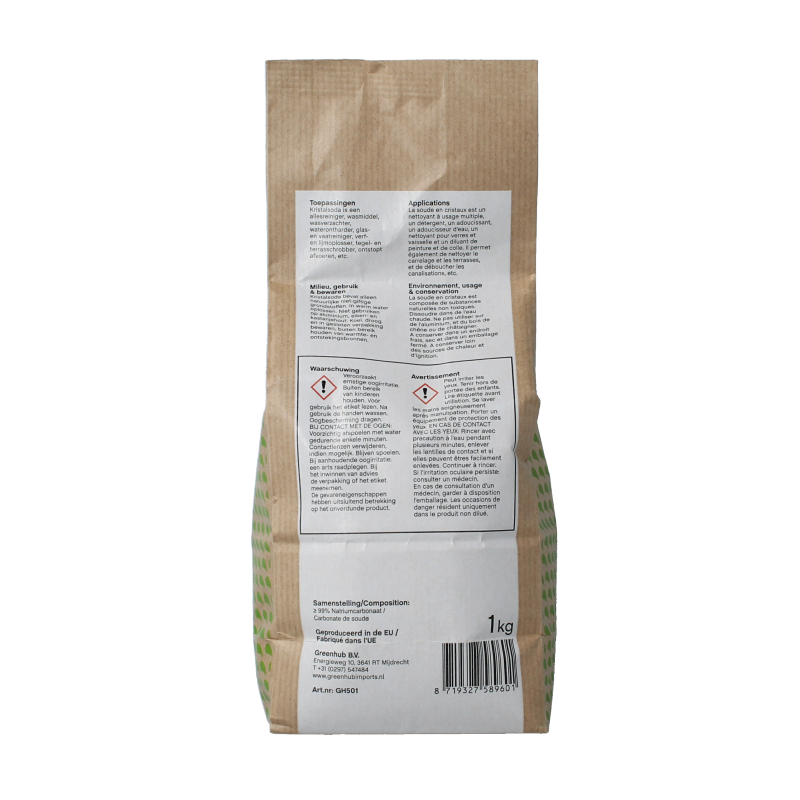 Greenhub Kristalsoda cleaning crystals in a 1-kilogram bag, used for eco-friendly household cleaning and stain removal.