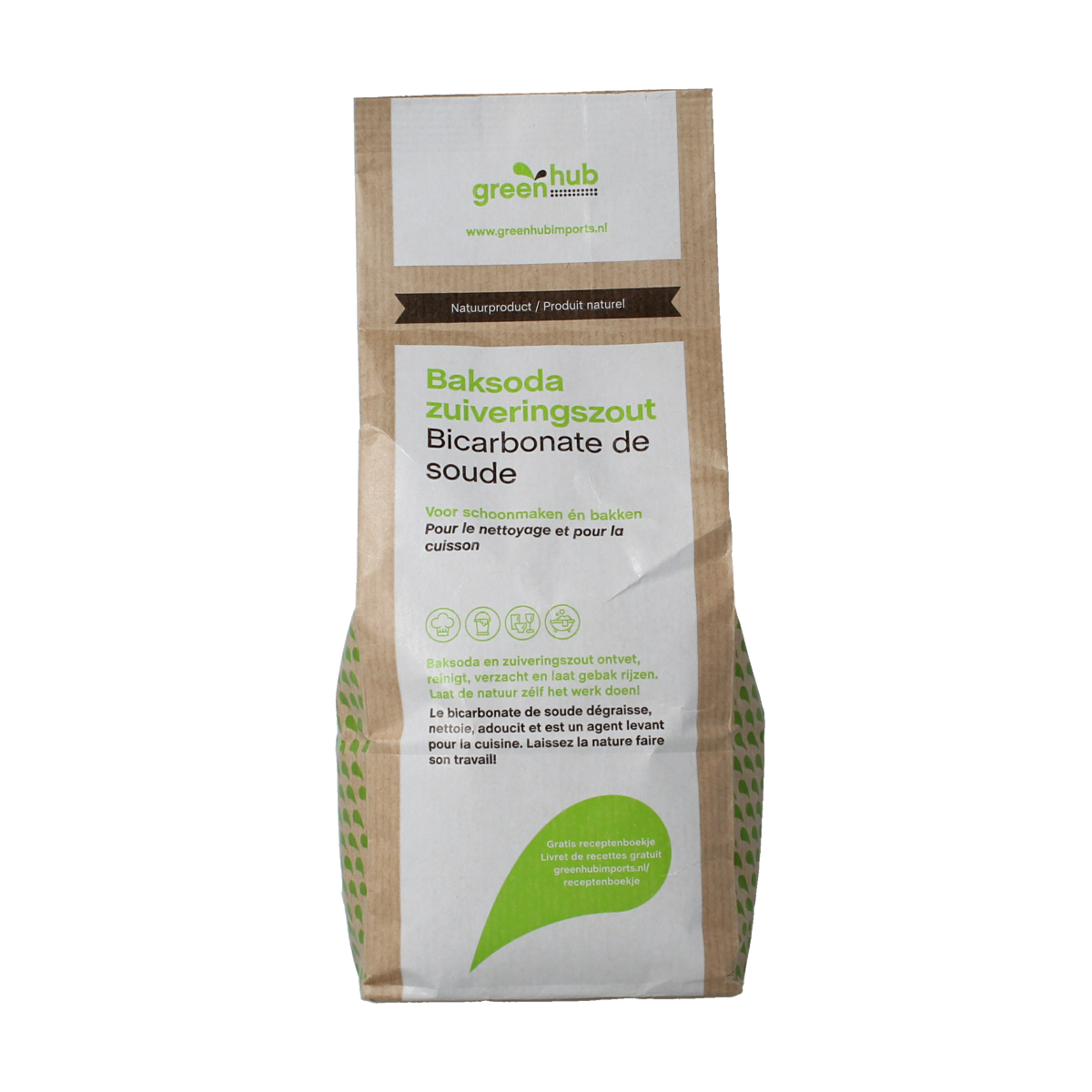 Greenhub bakmixen en melen with 1kg of baksoda/zuiveringszout, showing the green packaging and product label.