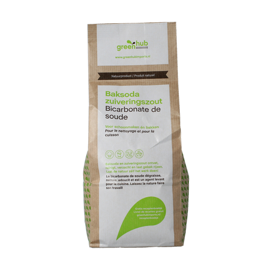 Greenhub bakmixen en melen with 1kg of baksoda/zuiveringszout, showing the green packaging and product label.