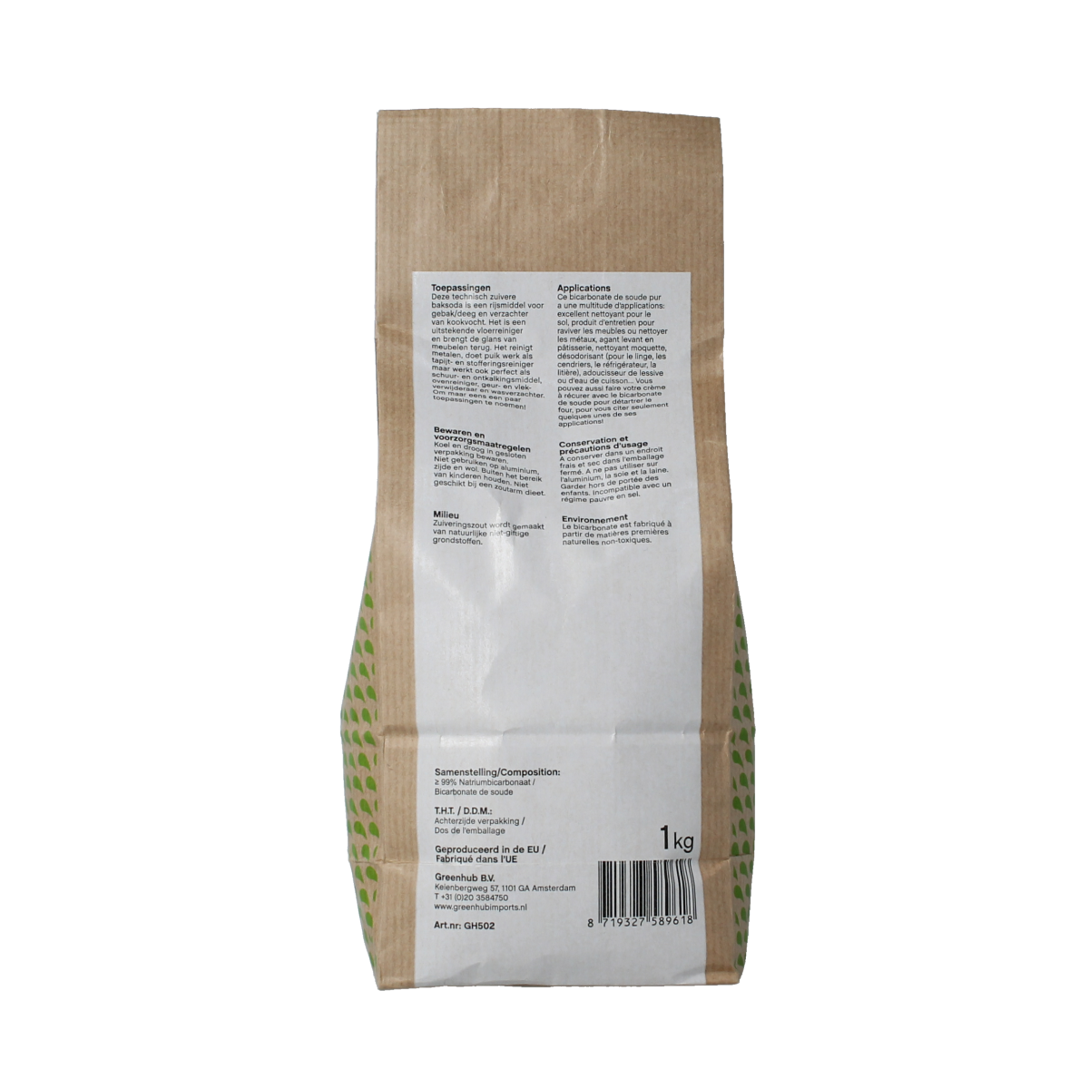 Greenhub baking soda (zuiveringszout) 1 kg in a green package, used for baking and cleaning, from Greenhub brand.