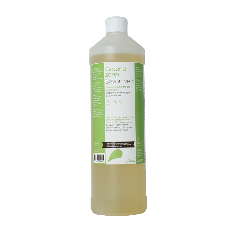 Greenhub liquid green soap in a 1-liter bottle, eco-friendly cleaning product from Greenhub, shown in the image.