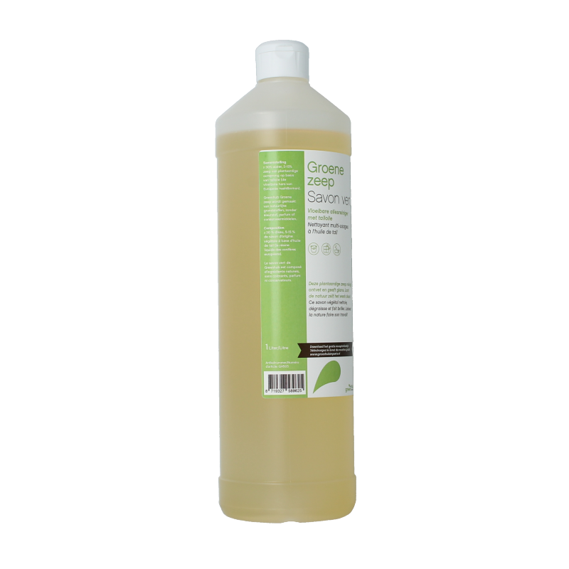 Greenhub liquid green soap in a 1-liter bottle, a cleaning product from Greenhub, with a green label and transparent dispenser.