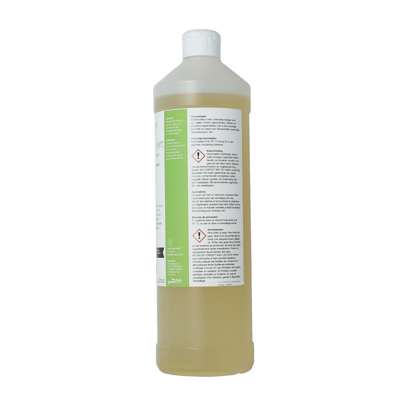 Greenhub Groene zeep vloeibaar, 1 liter, eco-friendly cleaning liquid in a clear bottle with green label and green cap.