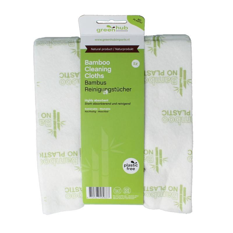 Greenhub bamboo cleaning cloths in a set of five, eco-friendly reusable microfiber for kitchen and household cleaning.