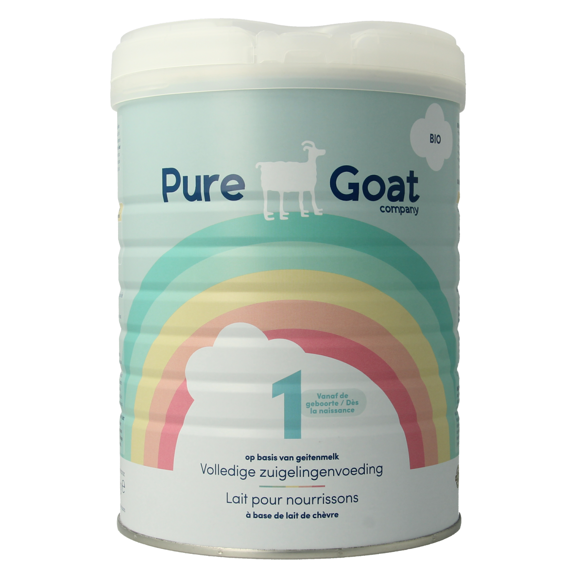 Pure Goat baby and toddler feeding full 1 bio infant formula in an 800g container with a label showing product details.