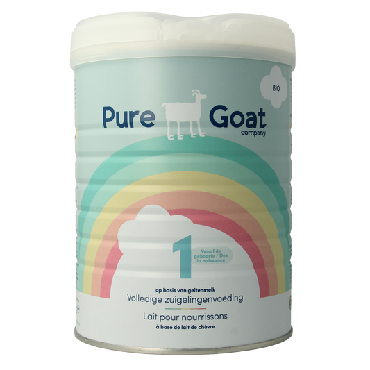 Pure Goat baby and toddler feeding full 1 bio infant formula in an 800g container with a label showing product details.