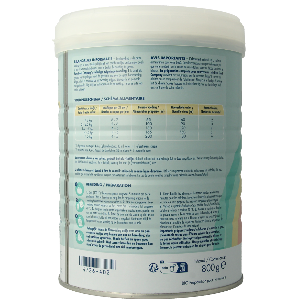 Pure Goat baby and toddler full 1 bio infant formula in a 800g can, designed for infants and toddlers.