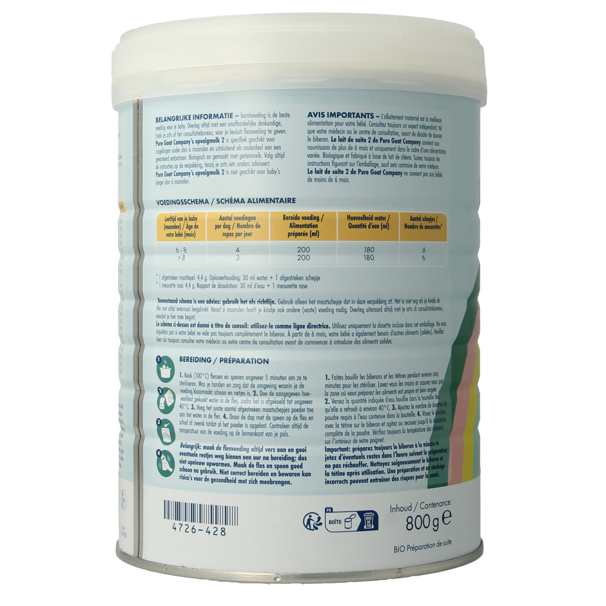 Pure Goat Opvolgmelk 2 bio baby and toddler formula in 800g package, natural goat milk-based nutrition for young children.