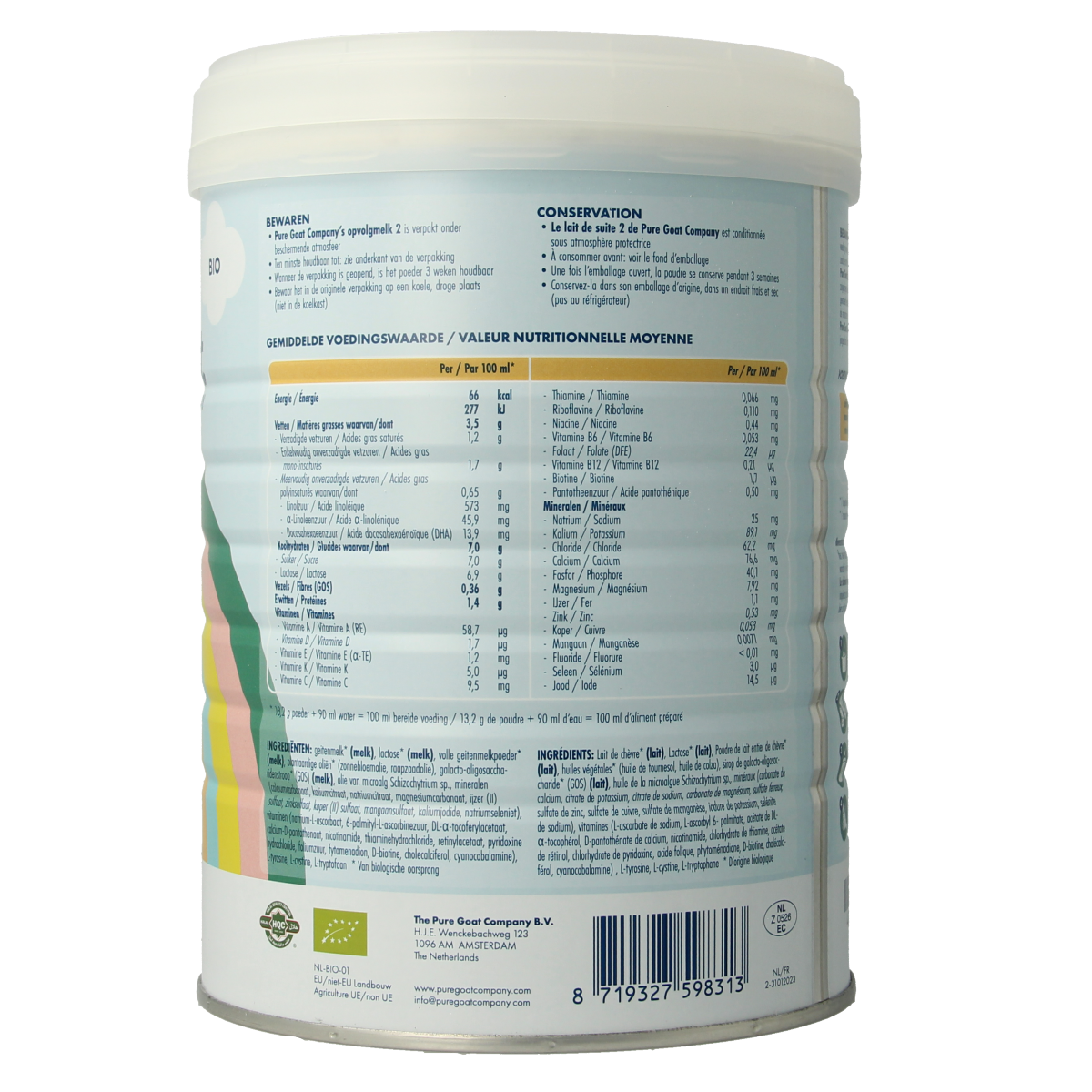 Pure Goat Opvolgmelk 2 bio baby formula in 800g container, natural goat milk-based baby and toddler nutrition.