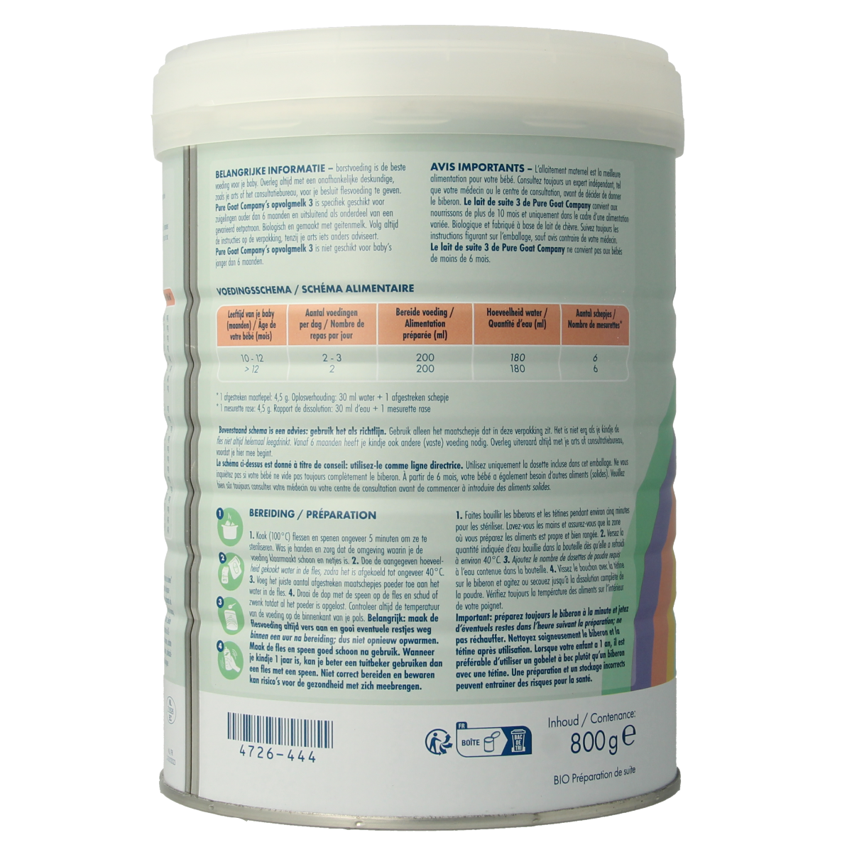 Pure Goat Opvolgmelk 3 bio baby and toddler feeding formula in 800g package, featuring natural ingredients and clear labeling.