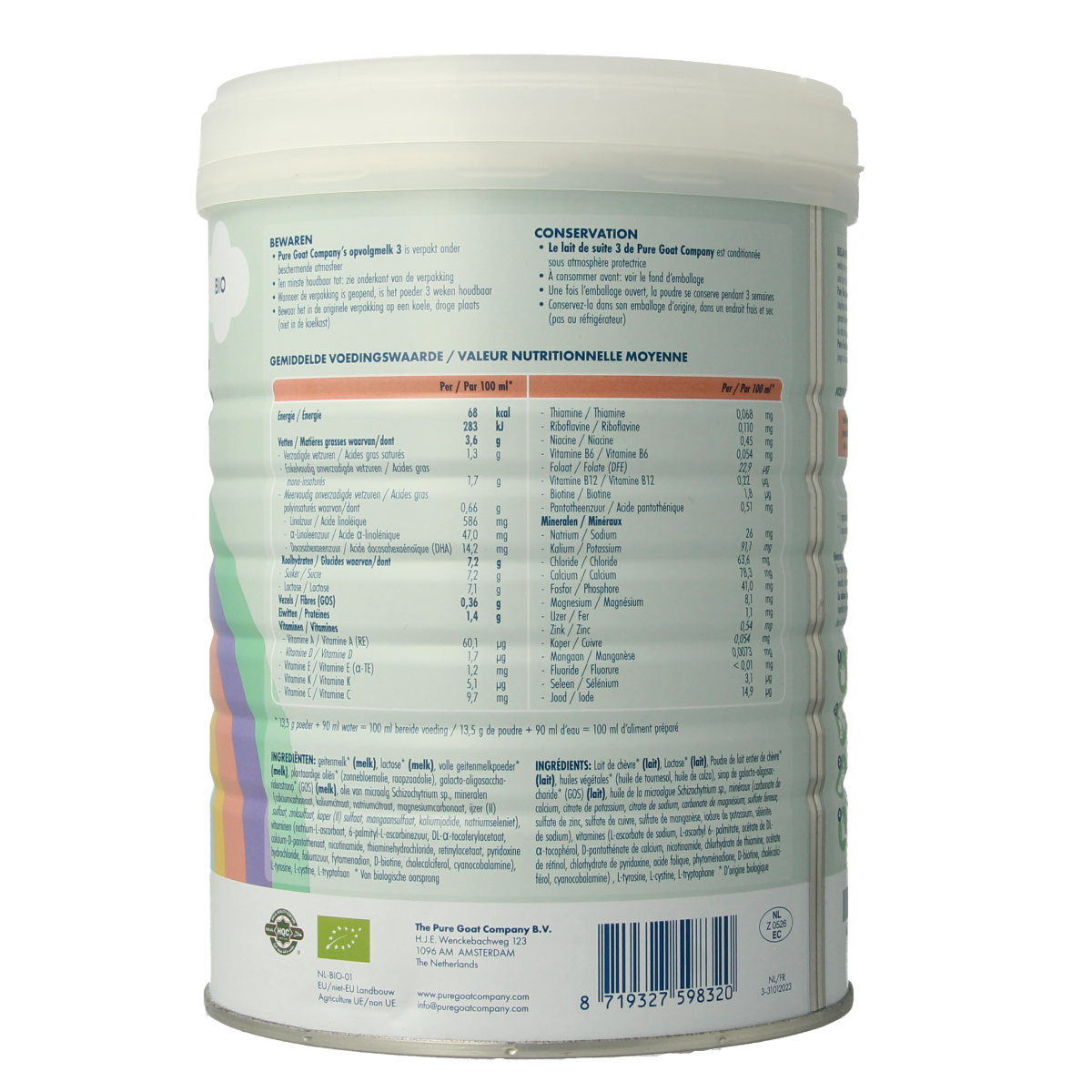 Pure Goat Opvolgmelk 3 bio baby formula in 800g package, natural follow-up milk for infants and toddlers.