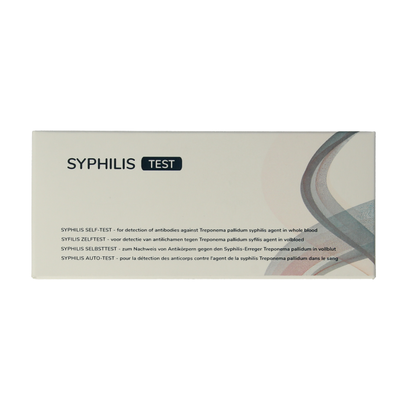 The Tester Syfilis self-test kit with one testing device for at-home syphilis detection, showing packaging and testing components.