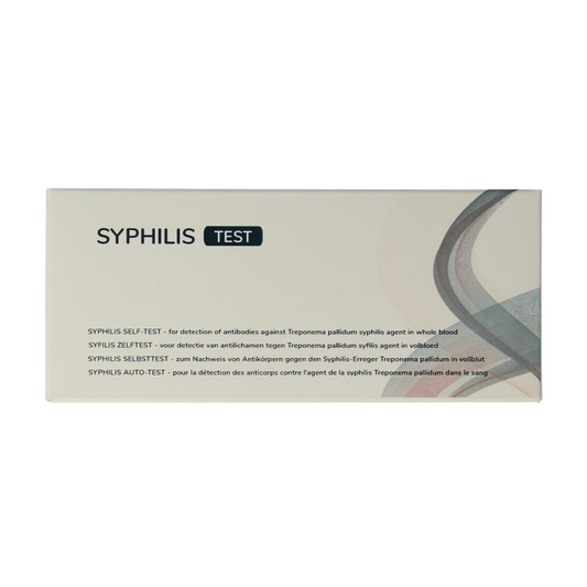 The Tester Syfilis self-test kit with one testing device for at-home syphilis detection, showing packaging and testing components.