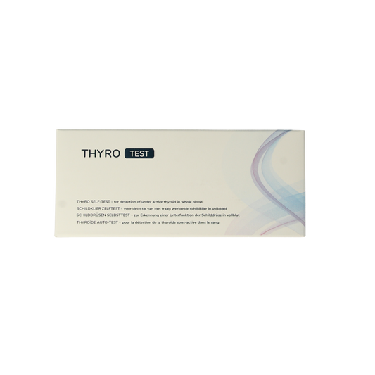 The Tester Schildklier test kit for self-testing thyroid function, featuring a test set with a clear display and instructions.