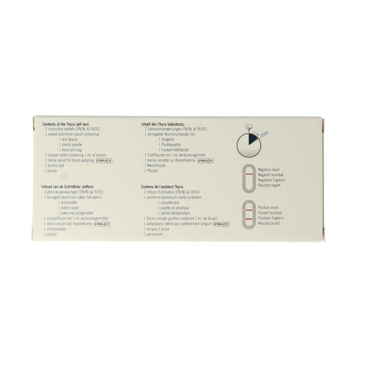 The Tester Schildklier test kit showing packaging with a white box and test strips for thyroid function self-testing.