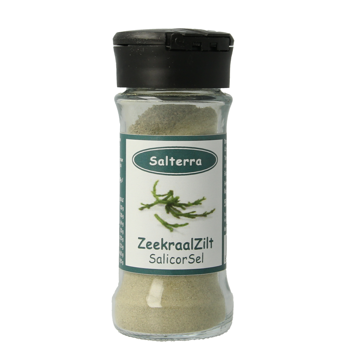 Salterra Zeekraalzilt fijn sea salt crystals in a 50g packet, used as a seasoning or cooking ingredient.