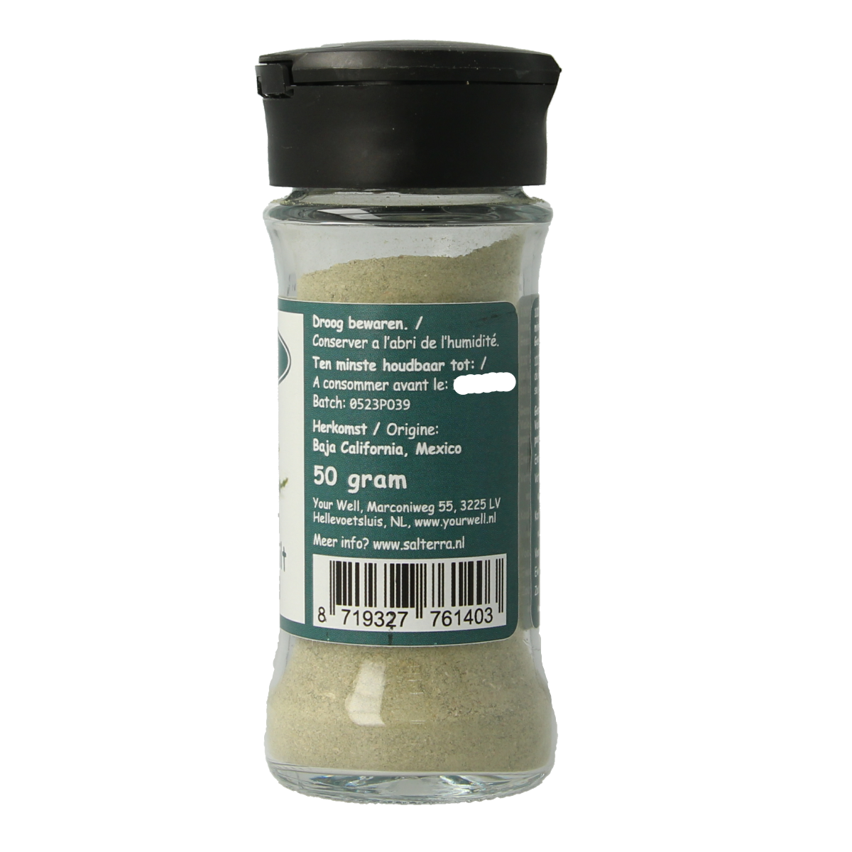 Salterra Zeekraalzilt fijn 50g, fine sea salt with seaweed flavor, in a clear container, for culinary use.