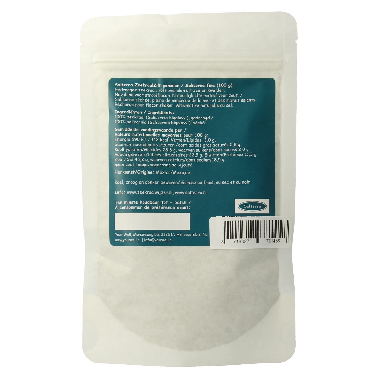 Salterra Zeekraalzilt fijn navulling 100g, sea salt crystals for culinary use, from Salterra kruiden, zouten en maaltijdmixen.