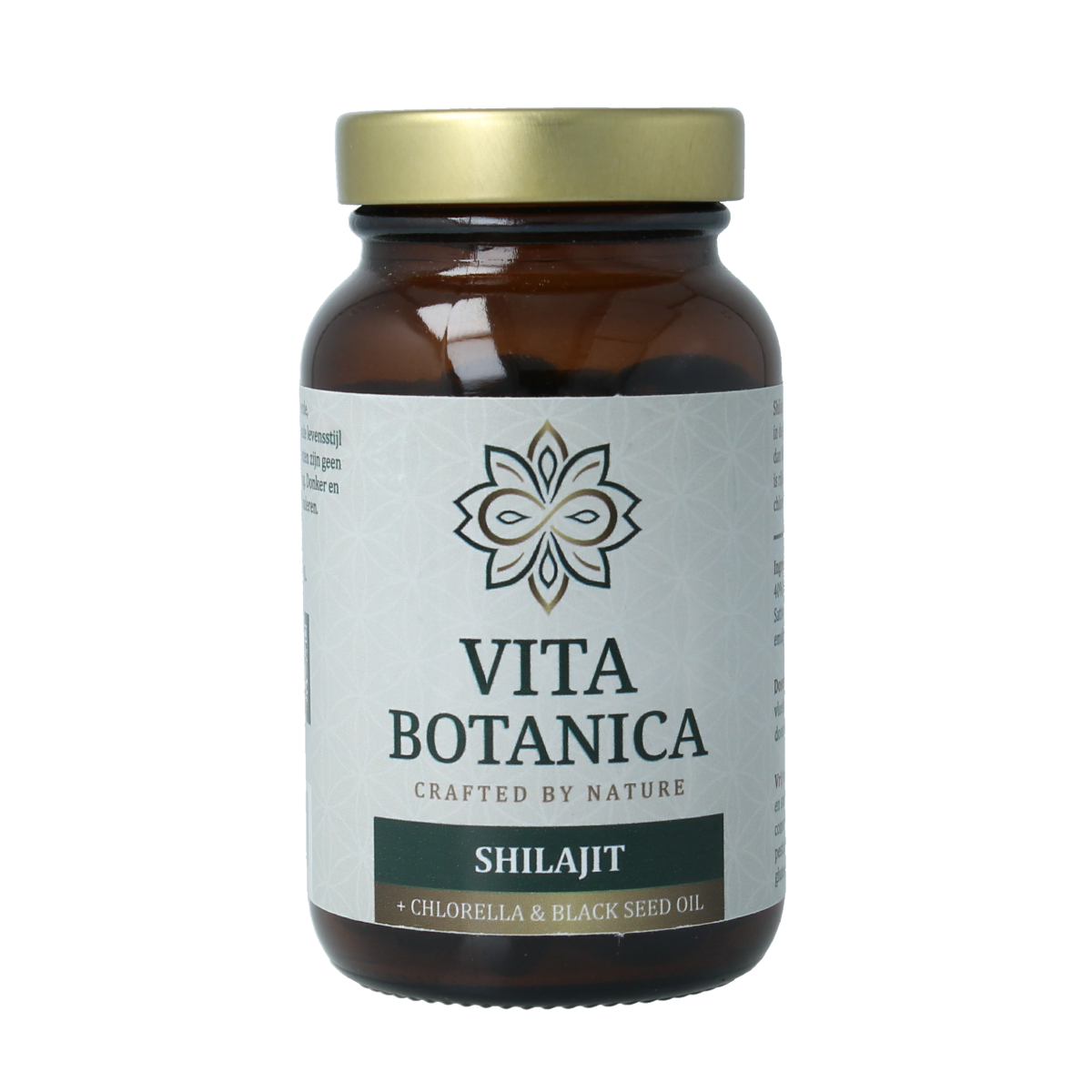 Vita Botanica Shilajit capsules in a bottle, dietary supplement for herbal health support, branded Vita Botanica.