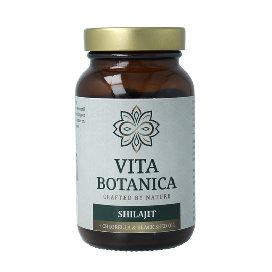 Vita Botanica Shilajit capsules in a bottle, dietary supplement for herbal health support, branded Vita Botanica.