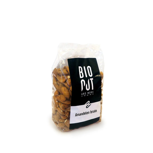 Bionut organic brown almonds in a 500g bag, healthy snack option, displayed in a clear, resealable package.