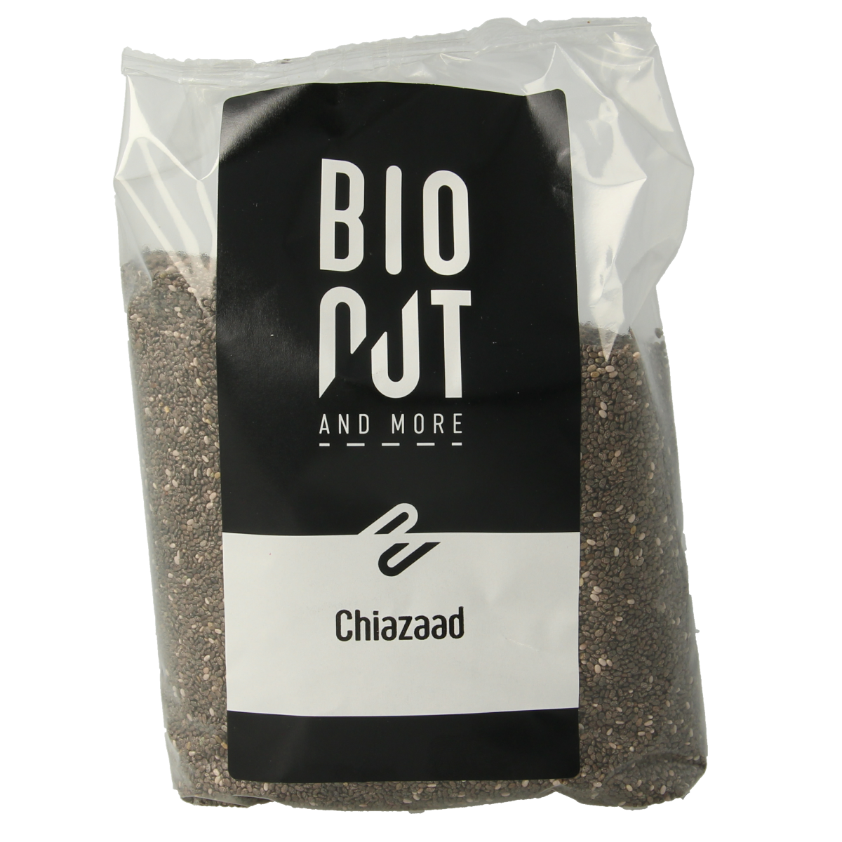 Organic Bionut Chia Seeds in a 500g package, raw superfood, close-up of chia seeds in clear packaging.