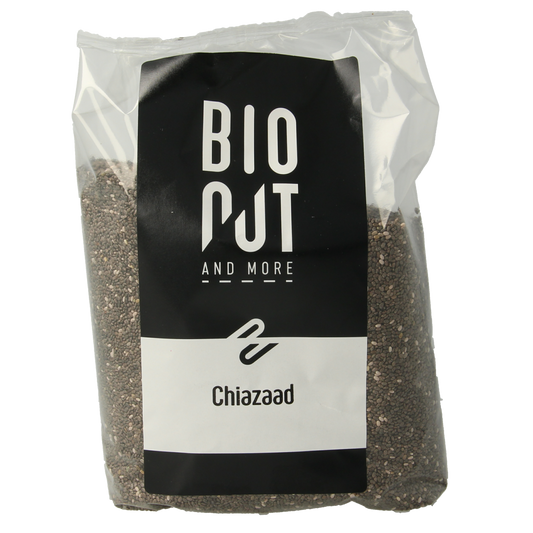 Organic Bionut Chia Seeds in a 500g package, raw superfood, close-up of chia seeds in clear packaging.