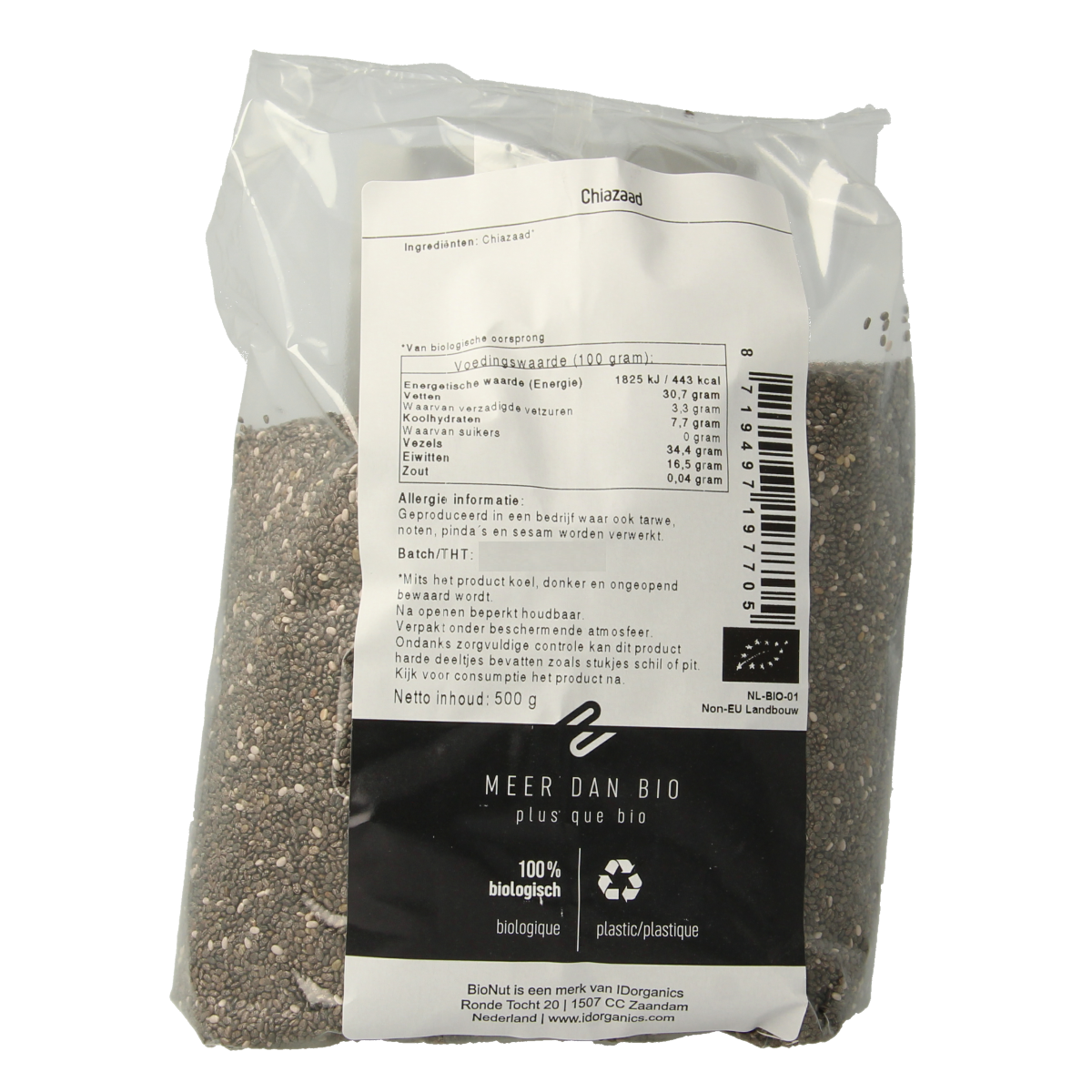 Bionut organic chia seeds in a 500g package, raw superfood chia seeds with natural texture and packaging label visible.