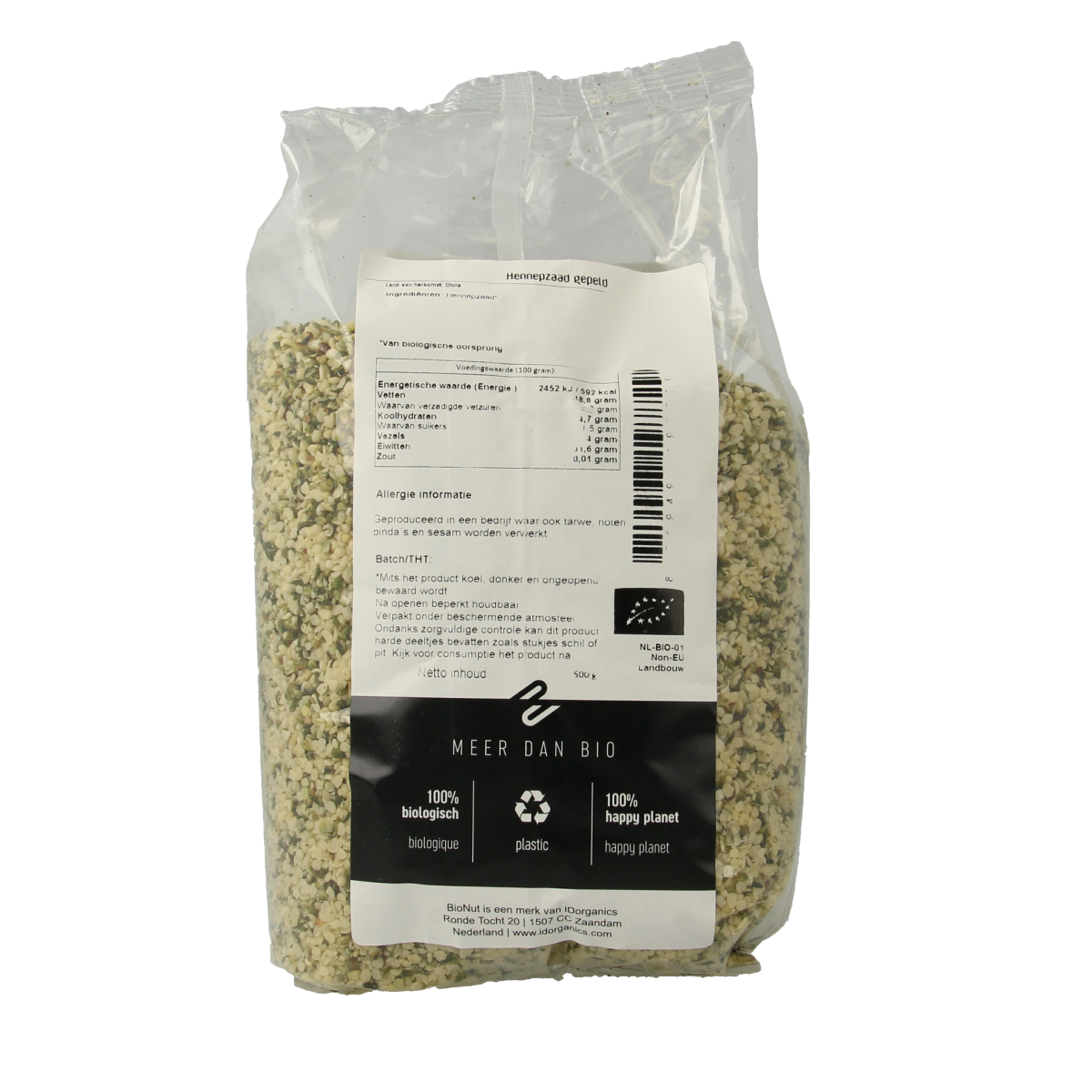 Bionut organic shelled hemp seeds in a 500g package, raw superfood product with natural hemp seed appearance.