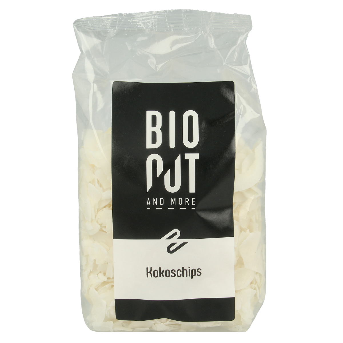 Bionut raw bio coconut chips in 150g pack, natural superfood snack with dried, shredded coconut pieces for healthy eating.