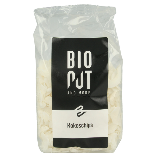 Bionut raw bio coconut chips in 150g pack, natural superfood snack with dried, shredded coconut pieces for healthy eating.