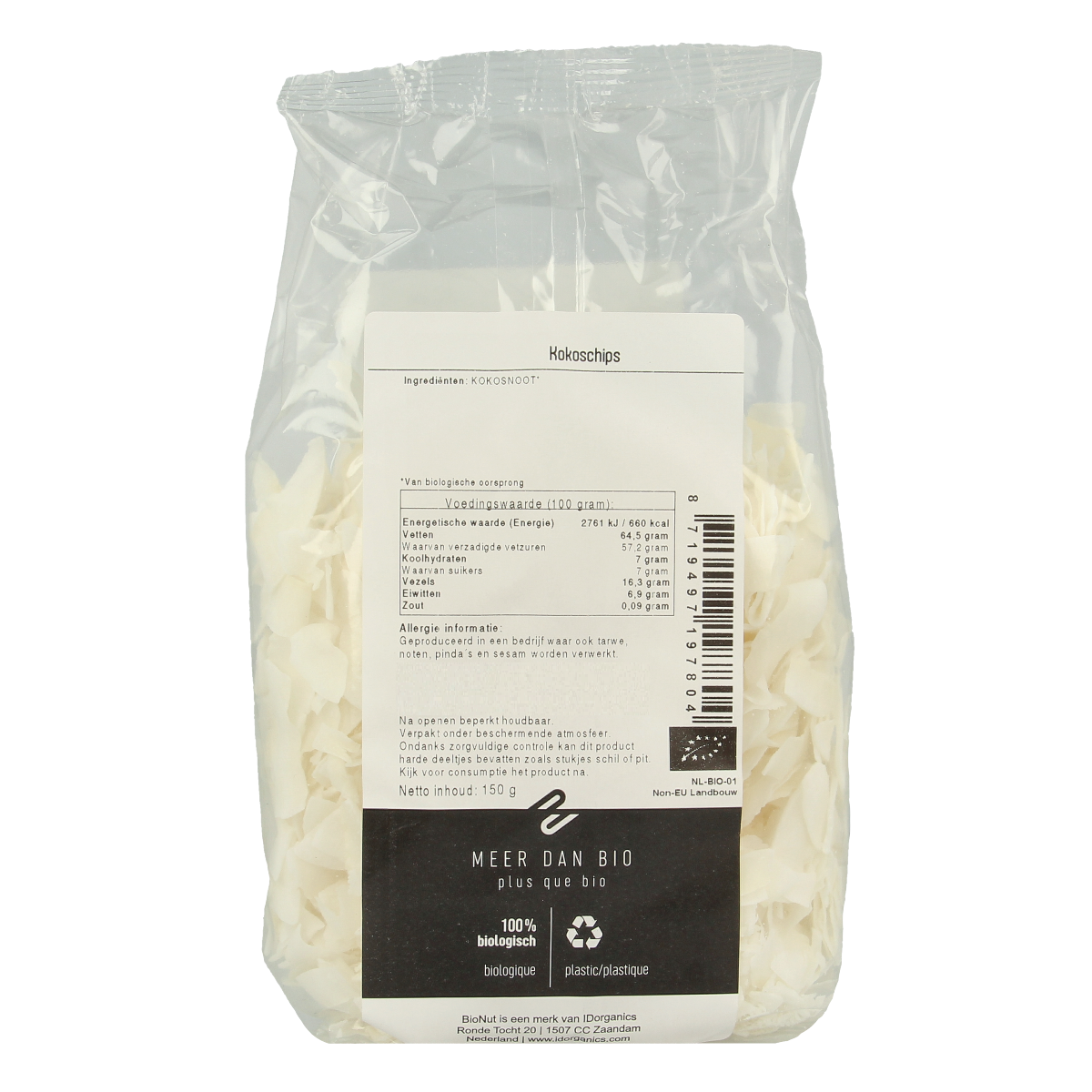 Raw Bionut Kokoschips bio, 150g, superfoods, crispy organic coconut slices on a white background
