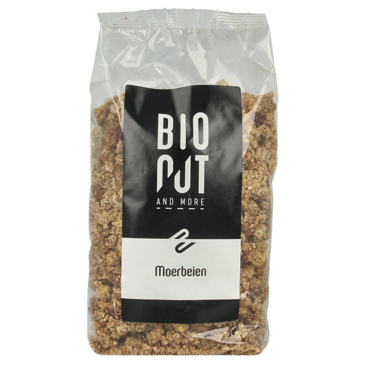 Bionut organic mulberries in a 500g package, raw superfood berries with vibrant purple color and fresh appearance.