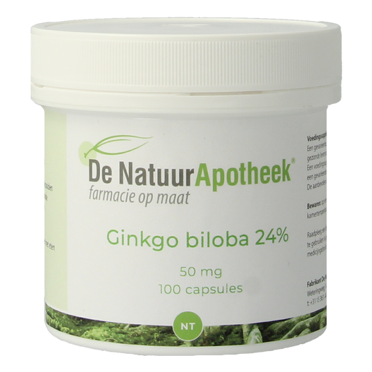 Natuurapotheek Ginkgo biloba 24% 50mg herbal capsules, 100 count, for cognitive support and natural herbal supplement.