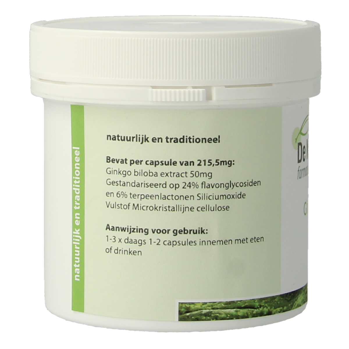 Natuurapotheek Ginkgo biloba 24% 50mg capsules, herbal supplement bottle with 100 capsules, natural herbal remedy packaging