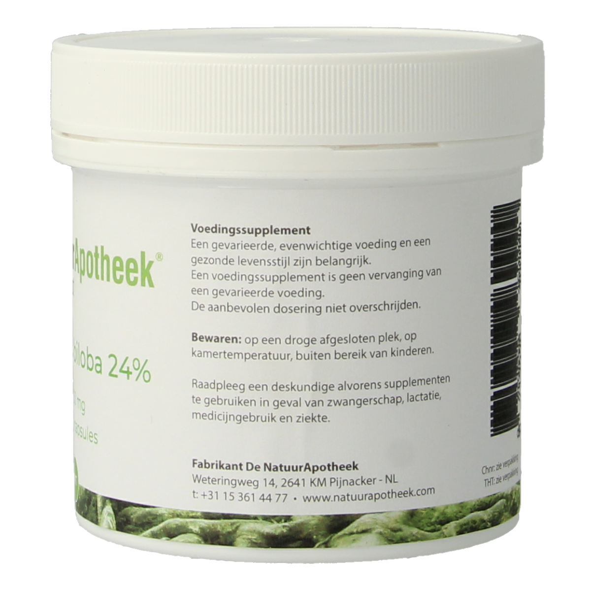 Natuurapotheek Ginkgo biloba 24% 50mg capsules, herbal supplement in a clear bottle with white capsules.