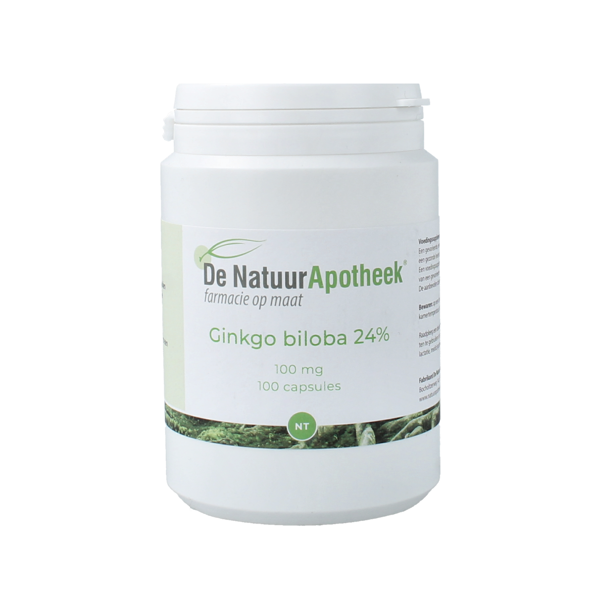 Natuurapotheek Ginkgo biloba 24% 100mg capsules, herbal supplement in a clear bottle with white cap and label.