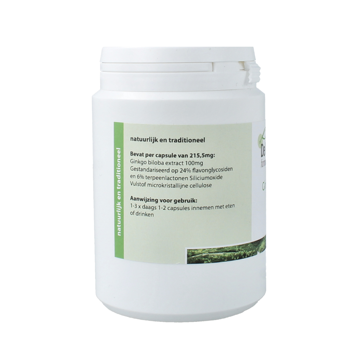 Natuurapotheek Ginkgo biloba 24% 100mg herbal capsules, 100 count, featuring green and white packaging with botanical design.