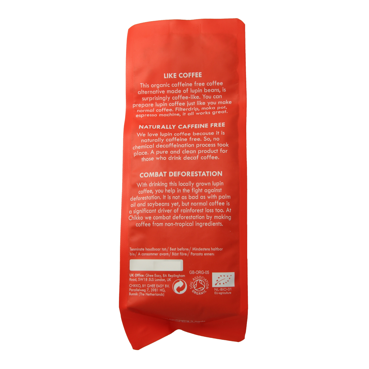 Chikko Not coffee caffeine-free organic coffee pack with 250 grams, shown in a resealable bag.