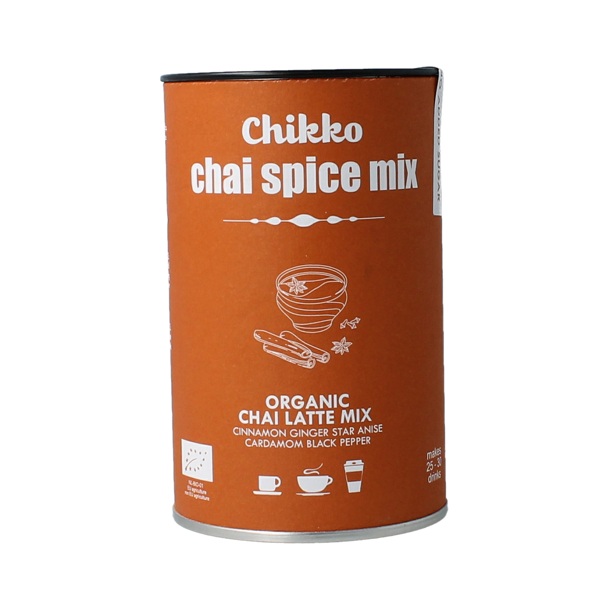 Chikko bio chai latte drink in a 130g package, featuring the chai tea blend with spices and milk for a flavorful beverage.