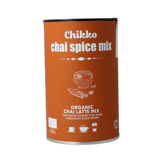 Chikko bio chai latte drink in a 130g package, featuring the chai tea blend with spices and milk for a flavorful beverage.