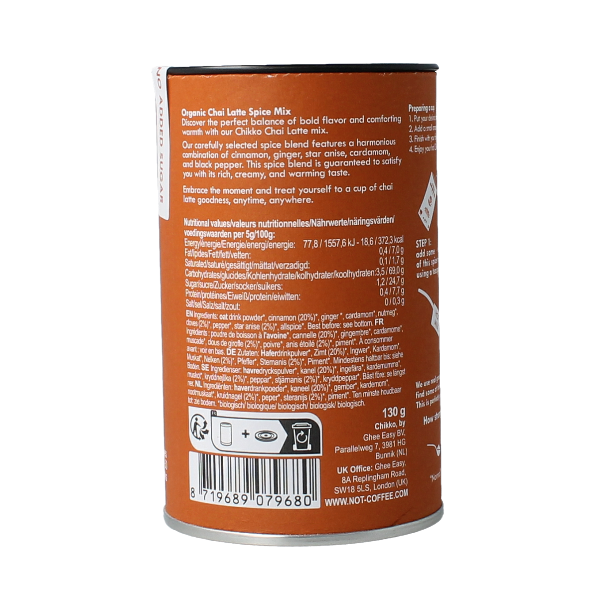 Chikko Bio Chikko Not Coffee Chai Latte drink in a 130g package, featuring a chai latte with natural ingredients.