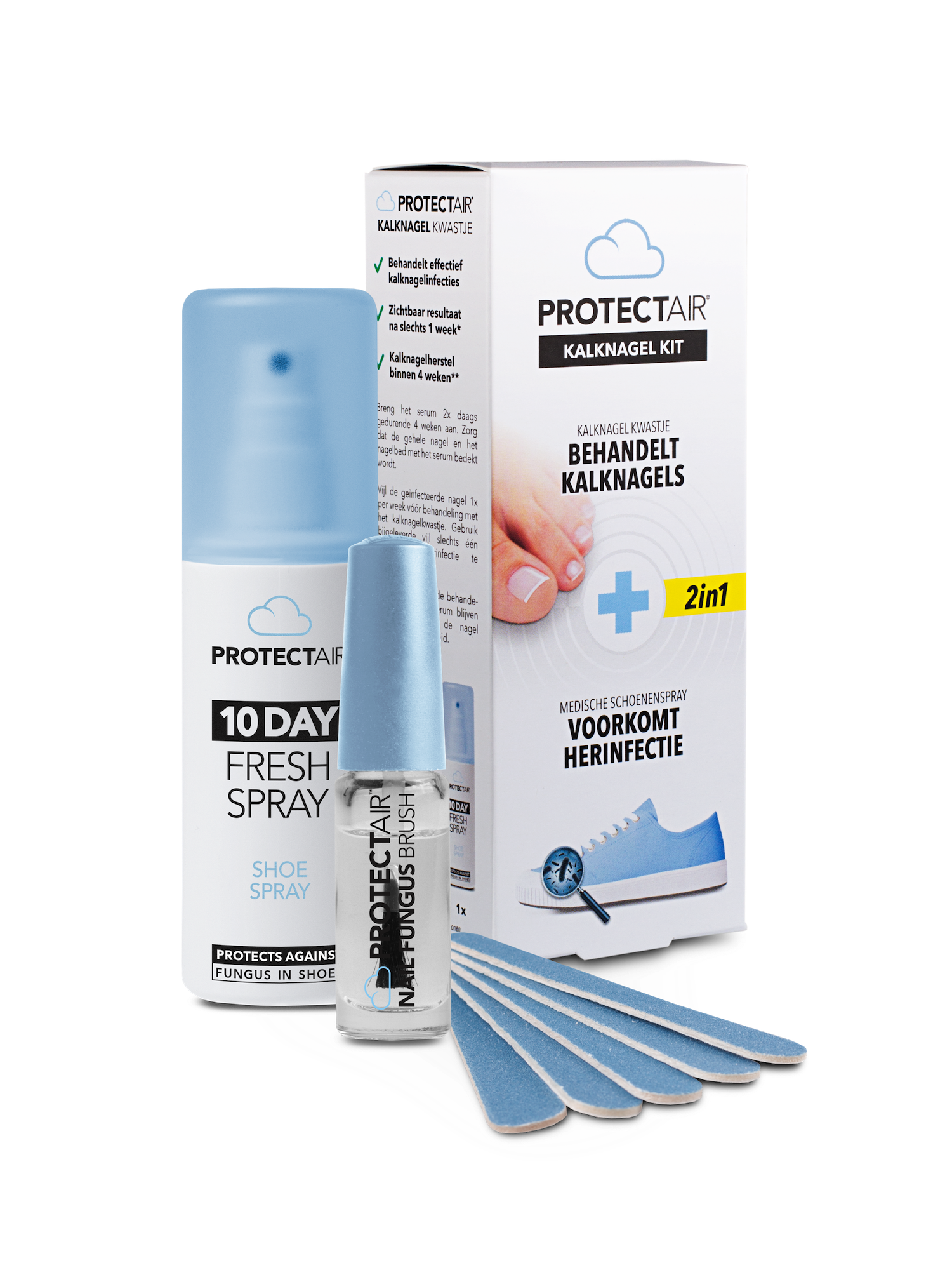 Protectair Kalknagel startset with nail brush and shoe spray, foot care kit for treating and preventing toenail fungus.