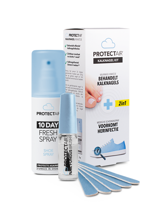 Protectair Kalknagel startset with nail brush and shoe spray, foot care kit for treating and preventing toenail fungus.