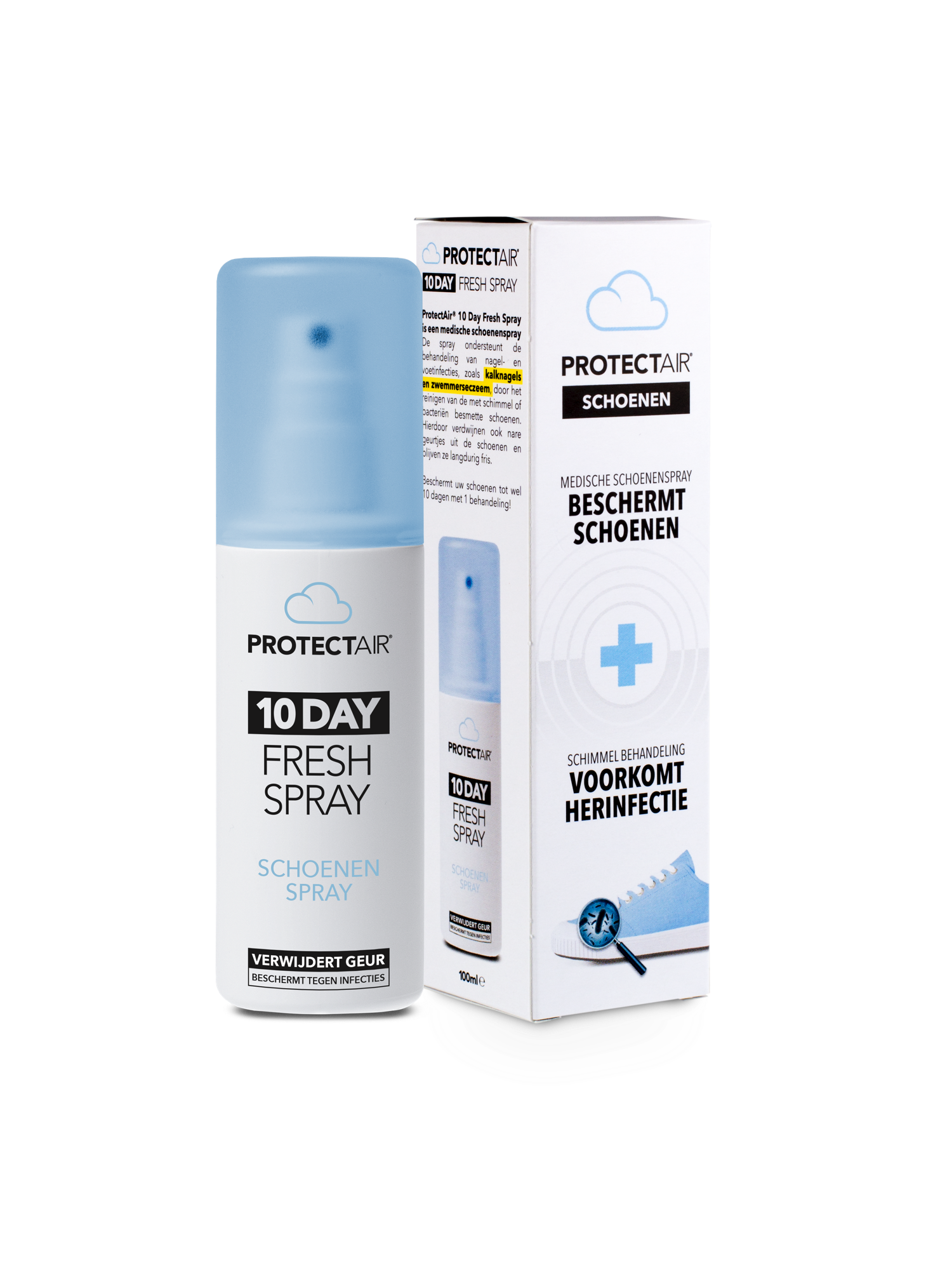 Protectair medical shoe spray bottle for foot care, 100ml, in a white container with a spray nozzle.