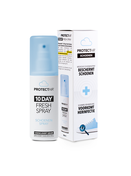 Protectair medical shoe spray bottle for foot care, 100ml, in a white container with a spray nozzle.
