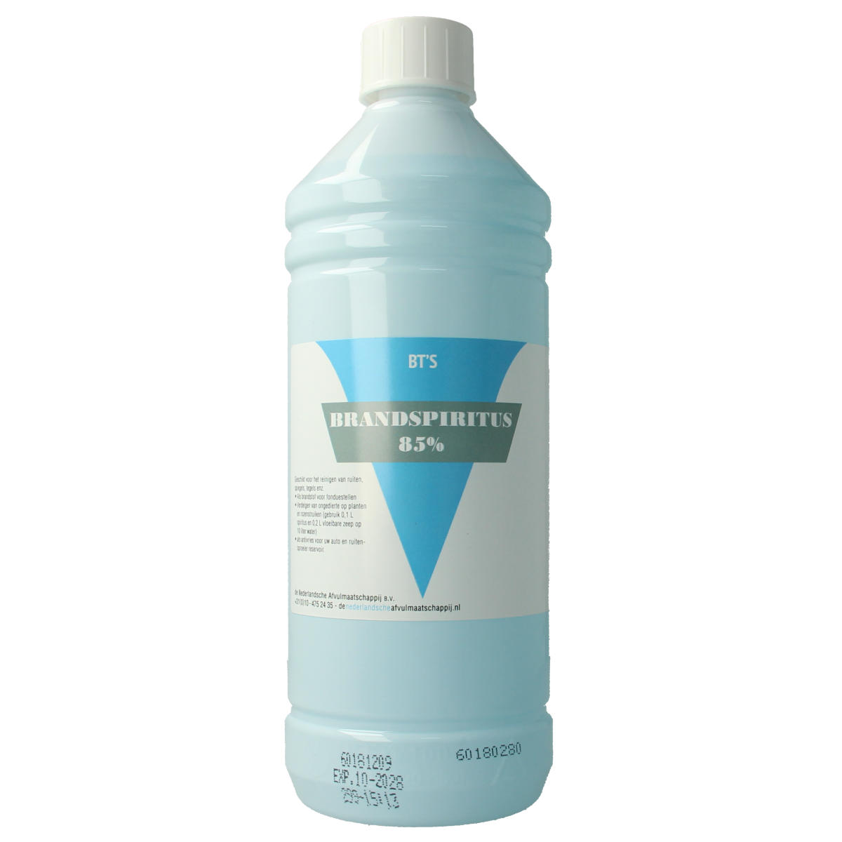 BT'S Brandspiritus 85% cleaning solution in 1-liter bottle, shown with label and cap for disinfecting and cleaning purposes.